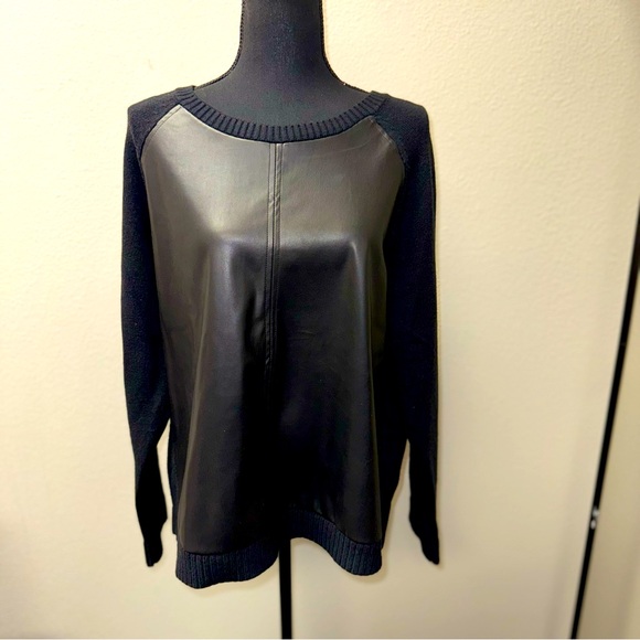 Versona Sweaters - Verson Faux Leather Panel Sweater, Black - Women's Size XL